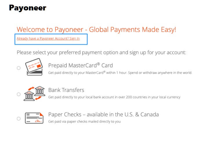 Payoneer注册页面三种收款方式银行转账预付卡支票