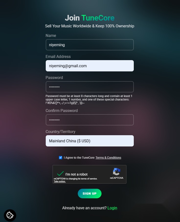 TuneCore注册账号页面国家选择中国大陆